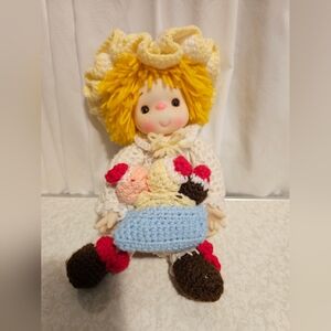 Vintage 14" Handmade Crochet Doll with Yellow Yarn Hair and Cream Outfit